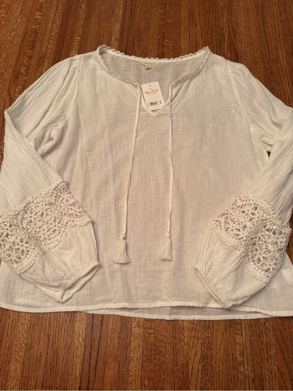 NWT Lucky Brand White Crochet Lace Sleeve Peasant Top Blouse M